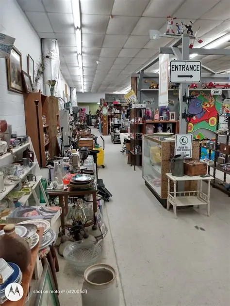 Thrift store aisle with assorted vintage items. Thrift store aisle with assorted vintage items.